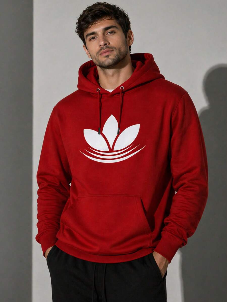 Men's Kangaroo Hoodie With Pocket, Hood, And Drawstring, Soft Fleece Lined, Printed, Unisex, Basic, Comfortable Winter Sweatshirt - 紅色 - 查看 1