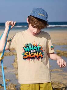 1pc Boys' Graffiti Sigma Logo Print Short Sleeve T-Shirt, Children Round Neck Double Graphic Tee, Casual Street Hip Hop Style - Apricot - View 2