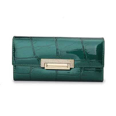 Long Genuine Leather Wallet Women, Patent Leather With Stone Pattern And Clasp Clutch Bag