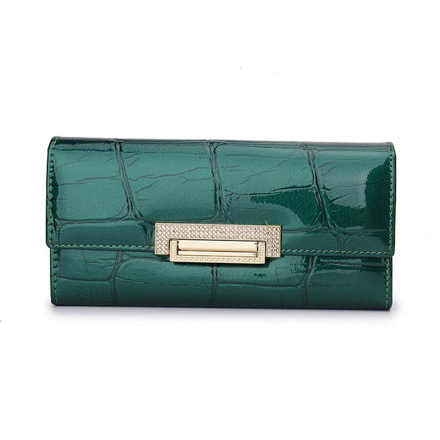 Long Genuine Leather Wallet Women, Patent Leather With Stone Pattern And Clasp Clutch Bag - Green - View 1