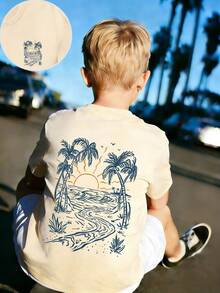 Tween Boy Palm Tree Print T-Shirt, Soft And Comfortable Fabric, Suitable For Boys Outdoor Sports, Casual Wear, Street Style, Campus Style, Fashionable Tween Boys Spring/Summer Casual Versatile Top - Apricot - View 2