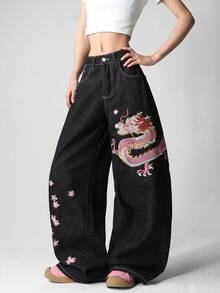 1件美式街頭風女款刺繡寬鬆寬腿牛仔長褲 時尚休閒黑色四季款 - 黑色 - 查看 8