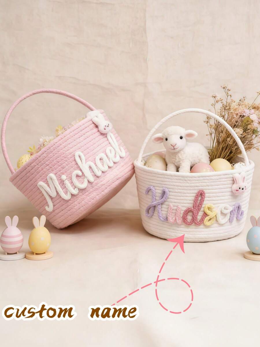 Una cesta de almacenamiento de cuerda de algodón personalizada, personalizable con un nombre, cesta de almacenamiento de juguetes, para recién nacidos, Pascua, cumpleaños, familias con mascotas, bautizos, adecuada para almacenar ropa de niños, artículos varios, juguetes y como pieza decorativa para una habitación infantil. - Multicolor - Ver 1