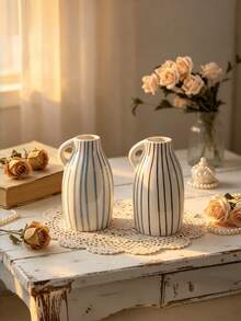 Multiple Black And White Striped Ceramic Vases, Suitable For Dining Table, Kitchen, Desk, Bookshelf, Bedroom, Aesthetic Home Decor, Modern Minimalist Bohemian Style Decorative Ceramic Vases - Stripe - View 7