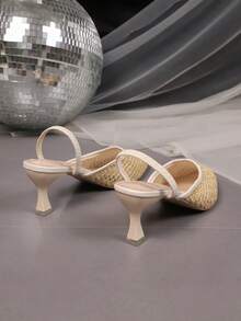 1 Pair Yellow Woven Plus Size Pointed Toe High Heel Sandals For Teen Girls, Breathable Mesh Woven, Elastic Back Strap Slip-On Design, Classic Hollow-Out Elevated Fashion Elegant Lightweight Stiletto Heels, Suitable For Casual, Party, Stage, Commuting, Vacation, Spring/Summer 2026 - Yellow - View 4