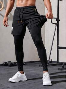 Men's Sports Compression Pants, Summer Elastic 2-In-1 Workout Leggings With Drawstring Waist, Zipper Pockets, Suitable For Running And Fitness - Black - View 5