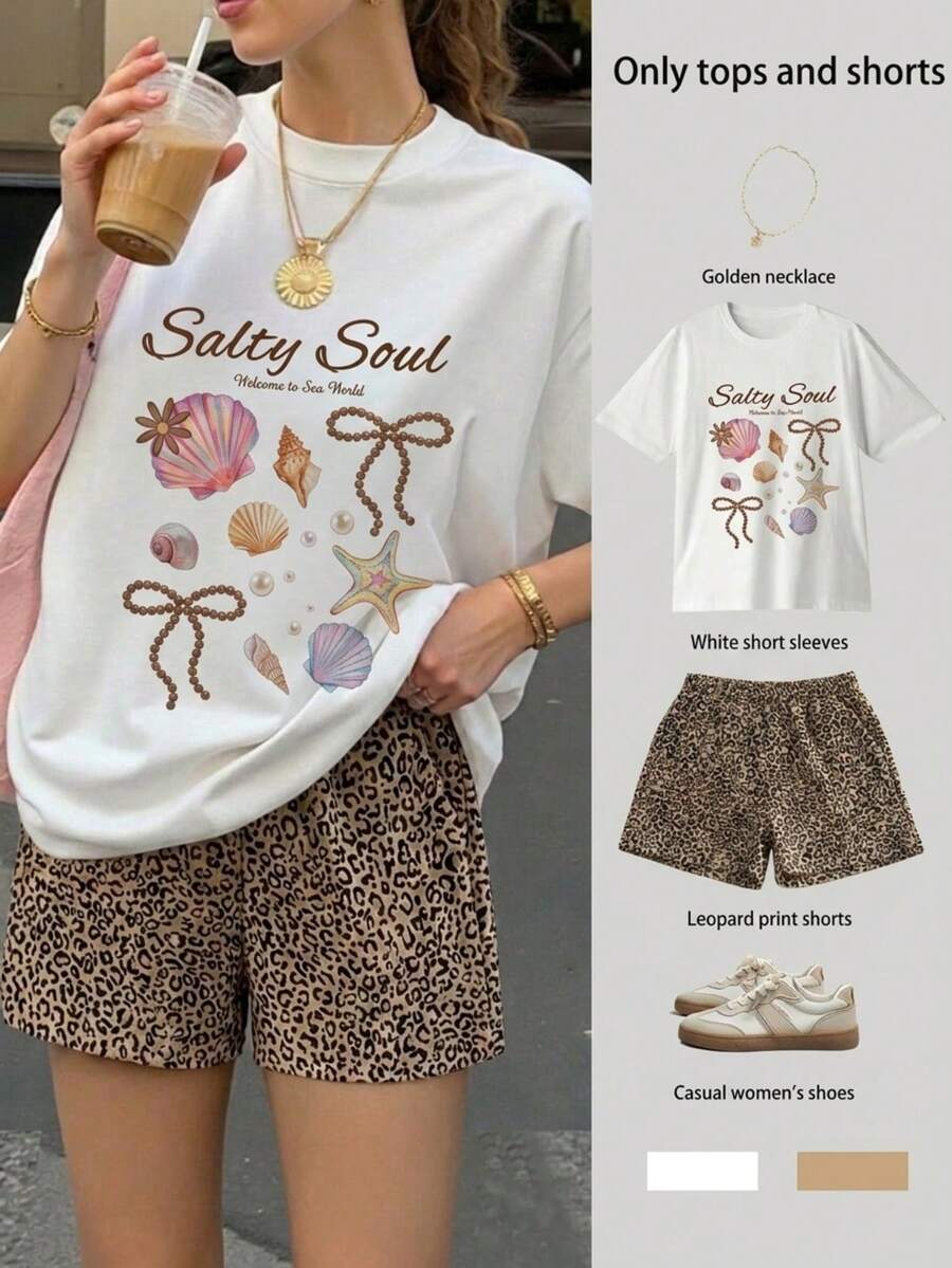 2 piezas Conjunto de top de manga corta con estampado flor y short animal print estampado animal para mujer- Traje de verano de dos piezas para mujer para vacaciones en la playa - Blanco - Ver 1