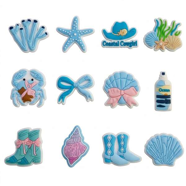 Juego de 12 piezas de adornos para zapatos estilo playa de verano, zapatos de ballet, zapatos de jardín, adornos para zapatos, tema azul para vacaciones en la playa, adornos para zapatos, accesorios creativos de PVC DIY para zapatos, adecuados para fiestas de verano y regalos de cumpleaños, accesorios creativos de estilo calle para zapatos, estrella de mar, concha, vaquera, cangrejo, lazo, estilo tropical - Adornos creativos de estilo calle para zapatos ideales para vacaciones, accesorios DIY perfectos para vacaciones de verano en la playa