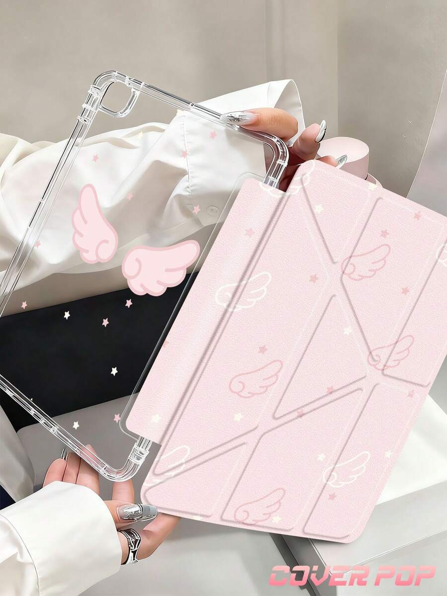 Pink Wings Star Dog Slogan Pattern Tablet Protective Case, Compatible With IPad 9.7/10.2/10.5/10.9/12.9/Pro 11, 10th Gen, Compatible With Samsung Galaxy Tab S6 Lite 10.4 Inch, Compatible With Kindle Paperwhite 12th Gen 2024, Kindle (11th Gen - 2024 Release), Soft Shockproof, Smart Stand/Auto Wake/Sleep, Y-Fold Tablet Cover, Multi-Angle Viewing