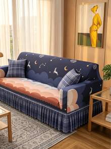 Skirt-Style Star-Patterned Elk Print Sofa Covers For 3 Cushion Couch. Elastic Full-Wrap Sofa Cover. Polyester Fiber Material. Suitable For All Seasons. Simple And Modern. - Purple - View 7