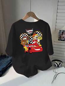 Disney Women's T-Shirt-Car Story Design Short Sleeve Crew Neck Casual Top For Spring And Summer, Soft And Breathable Fabric For Themed Events And Casual Attire - màu đen - Xem 2