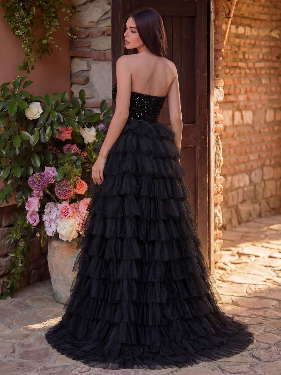 Faeriesty Đầm đính sequin lộng lẫy, chân váy chiffon xếp lớp, thiết kế xẻ cao | Đầm dạ hội sang trọng phù hợp cho các buổi dạ tiệc trang trọng, đám cưới và tiệc Cannes | Đầm dự tiệc thanh lịch mùa xuân màu đen