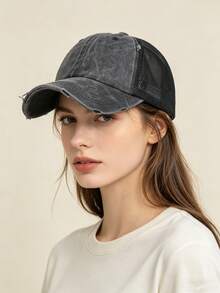 1 pieza Gorra de béisbol vintage lavada y desgastada para mujer, con diseño hueco, adecuada para coleta, versátil para exteriores, casual, deportes, campus, primavera/verano/otoño, protección solar, playa, viaje - A - Ver 3
