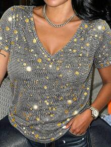 SRoinpar Shiny Silver V-Neck Loose Fit Casual Top, Flattering For Party Wear - Grey - View 3