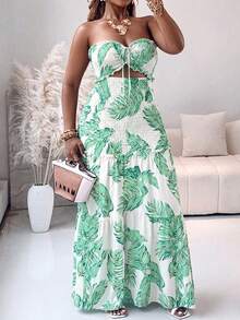 Women's Tropical Plant Print Long Tube Dress, Waist Cinched Mermaid Hem With Ruffle, Elegant Summer Vacation Party Dress - Green - View 3