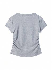 女款素色圓領短袖修身短版 Baby Tee，休閒貼身側邊抓皺 T-Shirt，Y2K 風格基本上衣 - 深灰色 - 查看 4