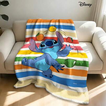 Disney Stitch Juggling Fruits Fun Cartoon Print With Rainbow Background Fleece Throw Blanket, Lightweight And Soft Plush Blanket For Rest And Warmth, Suitable For Couch, Bed, Living Room, Bedroom, Office, Travel, All Seasons