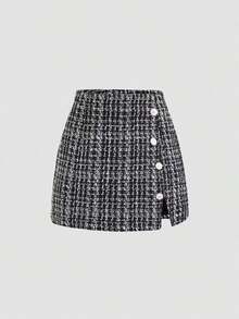 Falda mini con abertura, decorada con botones, de cintura alta y corte evasé en tejido de tweed rosa de moda y versátil para mujer - Negro - Ver 1