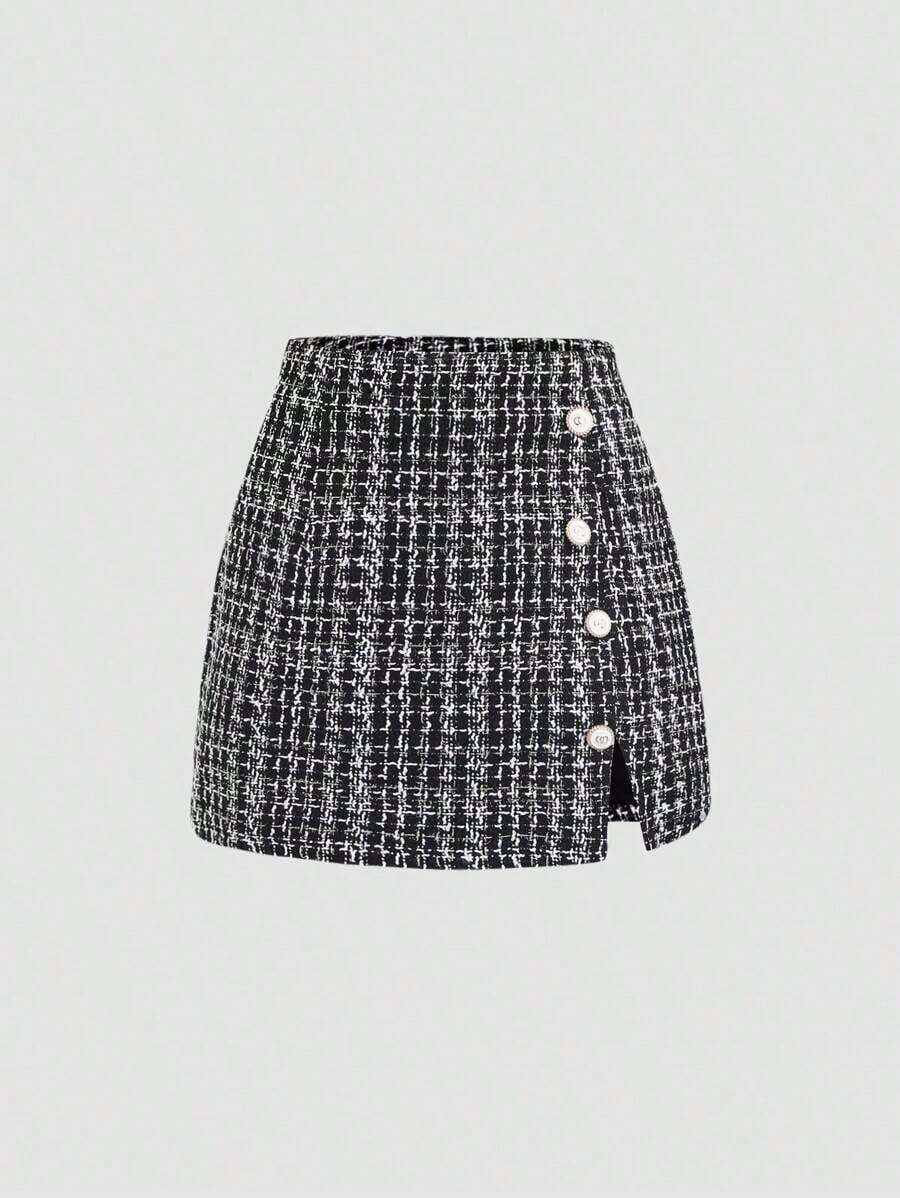 Falda mini con abertura, decorada con botones, de cintura alta y corte evasé en tejido de tweed rosa de moda y versátil para mujer - Negro - Ver 1