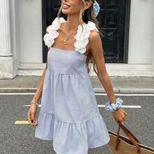 Elegant Ruffle Trim Striped Camisole Dress, Women's Ruffle Trim Backless Tie Design Fashion Dress, Blue & White Striped Office & Commute Dress For Ladies, Suitable For Spring & Autumn, Elegant Dress, Business Casual Summer Backless Summer Dress Women Sundress Summer Backless Sundress Women Vacation Dress Casual Sundress - Azul y blanco - Ver 6