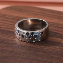 Classic Wide Band Ring, Inlaid With Round Blue Synthetic Cubic Zirconia, Exuding Refined Texture, Ideal Accessory For Women's Holiday Parties - Silver - View 10