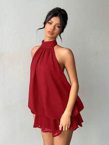 Vestido mini elegante de mujer con cuello halter y lazo en color amarillo claro - Rojo - Ver 2
