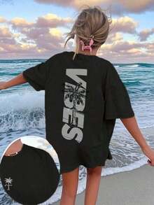 TopsWomen's Minimalist Coconut Tree Slogan Print Casual Round Neck Short Sleeve T-Shirt, Simple & Versatile, Suitable For Daily & Holiday Wear. Graphi - 黑色 - 查看 12