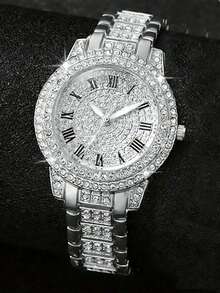 2 PIEZAS Reloj con caja de plata con marcadores de hora de números romanos con diamantes de imitación. Viene con una pulsera a juego con forma de corazón. La caja de acero inoxidable está adornada con un círculo completo de diamantes de imitación brillantes, y la esfera estrellada irradia sofisticación y elegancia. - Plateado - Ver 7
