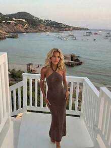 Vestido de tirantes con decoración de perlas falsas para mujer, vestido holgado con cordones azules, vestido lápiz de estilo bohemio.Adecuado para salidas a la playa, vacaciones casuales, festivales de música, fiestas en la playa y eventos de cóctel en verano - Café ligero - Ver 4