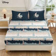 Disney 3Pcs Cozy Lilo Stitch Crescent Moon Graphic Fitted Sheet And 2 Pillowcases Relaxing Wavy Cloud Stripe Bedding Set - Fitted Sheet Set - View 5