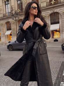 ZIAI 女士秋季 Y2K 性感仿皮草 PU 皮革外套，适合约会、音乐会、万圣节装扮、哥特风、商务休闲等场合。 - 黑色 - 查看 4