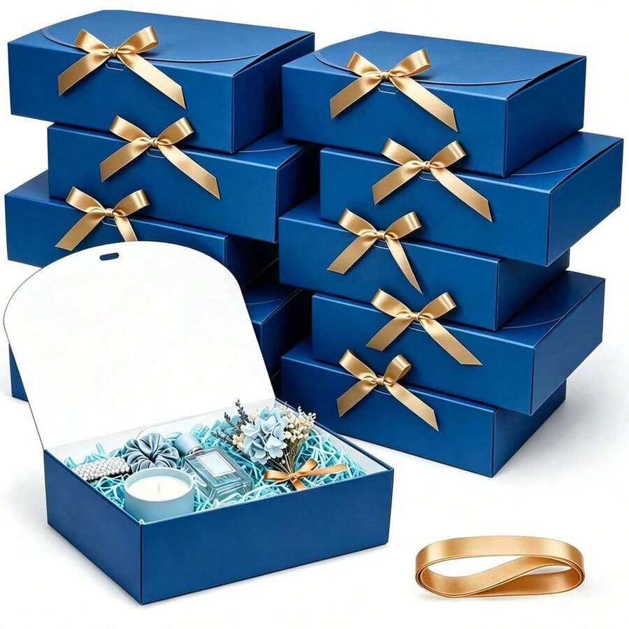 Set 10 Buah Kotak Hadiah dengan Tutup, Warna Biru, Ukuran 10,6 x 7,8 x 3,1 Inci, Dilengkapi Pita Emas, Cocok untuk Kotak Undangan Pengiring Pengantin, Hadiah Pernikahan, Hadiah Ulang Tahun, Suvenir Pesta, Dekorasi, Hadiah Hari Valentine, Kotak Pengantin
