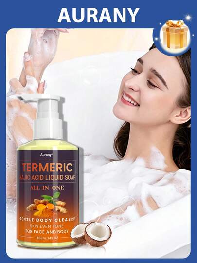 AURANY Xà phòng lỏng nghệ và men axit 180g, sữa tắm làm trắng da mặt và toàn thân, hỗn hợp nghệ và men axit, thích hợp cho mặt và toàn thân, làm sạch sâu, dưỡng ẩm và chăm sóc da, tạo bọt nhẹ nhàng, không làm khô da, phù hợp cho da nhạy cảm, dành cho nam và nữ.