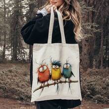 1pc Colorful Birds Tote Bag Compatible For Birds Species - Canvas Reusable Grocery & Shopping Bag With Bird Illustrations, Spacious Tote For &, Ideal Gift For Animal Lovers (35.05cm X 40.13cm) - White - View 2