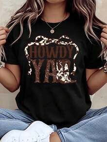 Howdy Yall Western Cowgirl T Shirt With Leopard Bow And Boots Design For Women Country Style Casual Top Perfect For Festivals And Everyday Wear,220g - 黑色 - 查看 1