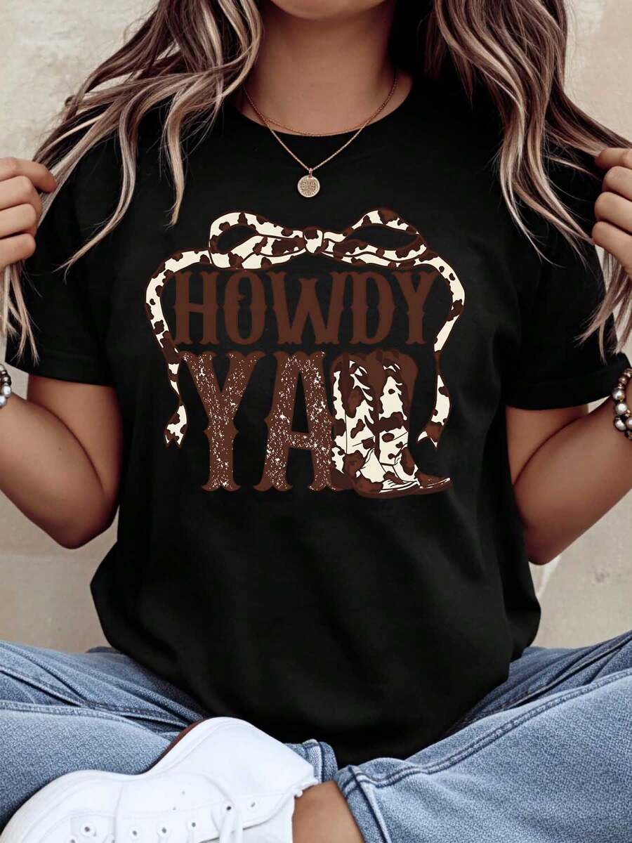 Howdy Yall Western Cowgirl T Shirt With Leopard Bow And Boots Design For Women Country Style Casual Top Perfect For Festivals And Everyday Wear,220g - 黑色 - 查看 1