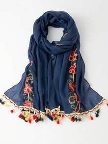 1pc Linen Bohemian Embroidered Tassel Scarf/Headscarf, Suitable For Daily Use, Holiday, Travel Essential - Navy Blue - View 4
