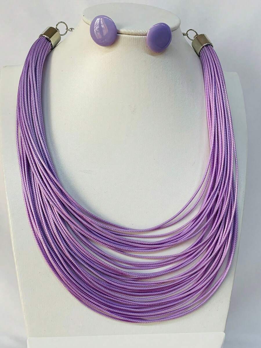 Maxi Waxed Multi-Strand Necklace Set With Button Earrings - 紫丁香 - 查看 1