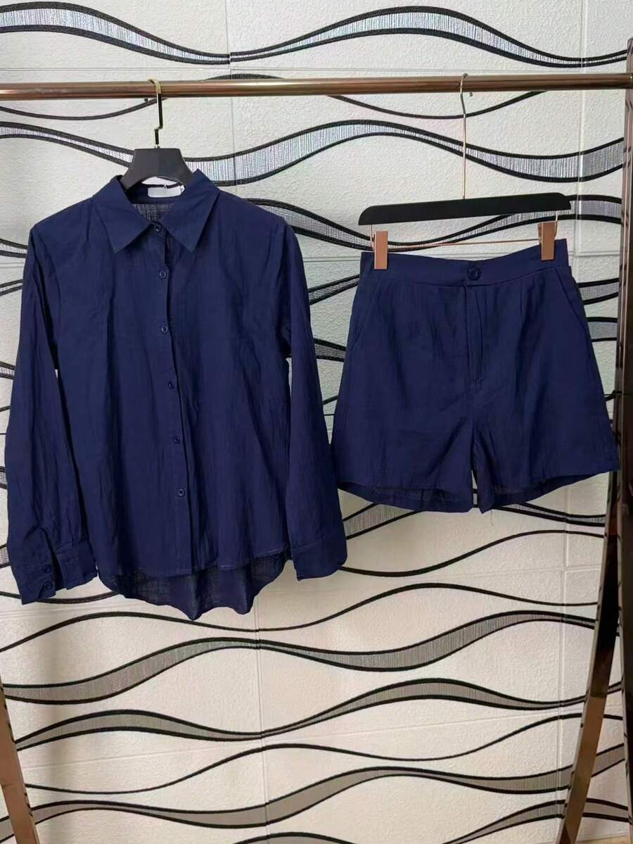 Linen Shirt And Shorts Set (2 Pieces) - Royal Blue - View 1