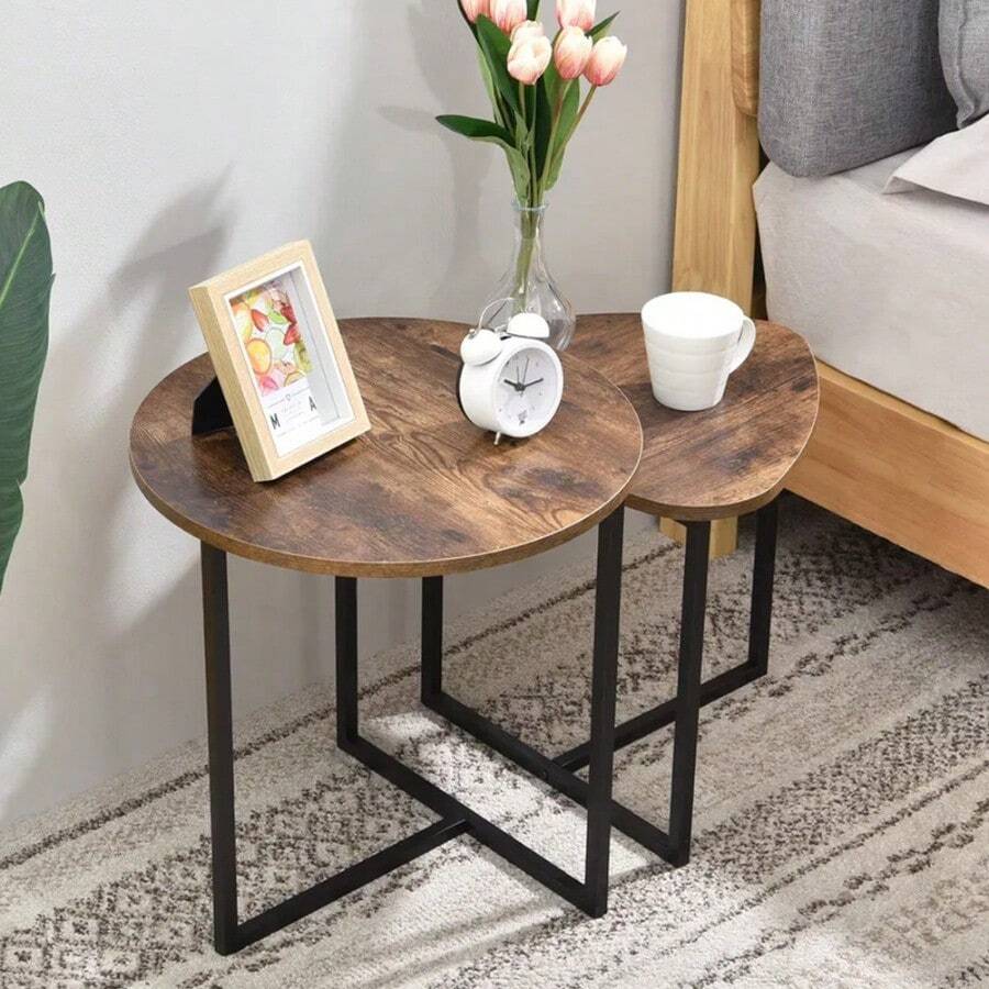 2pcs Space-Saving Nesting Coffee Tables - Compact Stackable Side Tables For Small UK Living Rooms, Brown Wood End Tables For Sofa/Bedside - 2PCs Brown - View 1