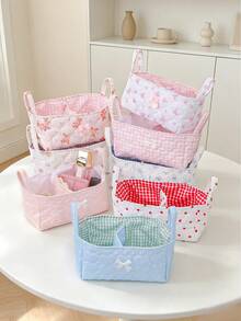 1 pièce Panier de rangement matelassé à motif cœur Ins, organisateur de bureau, conception de poignée portable, organisateur de rouge à lèvres, pinceaux de maquillage et produits de soins de la peau, décoration de bureau, organisateur de cosmétiques, panier de pique-nique portable, cadeau de la Saint-Valentin, cadeau de rentrée scolaire - Multicolore - Voir 3