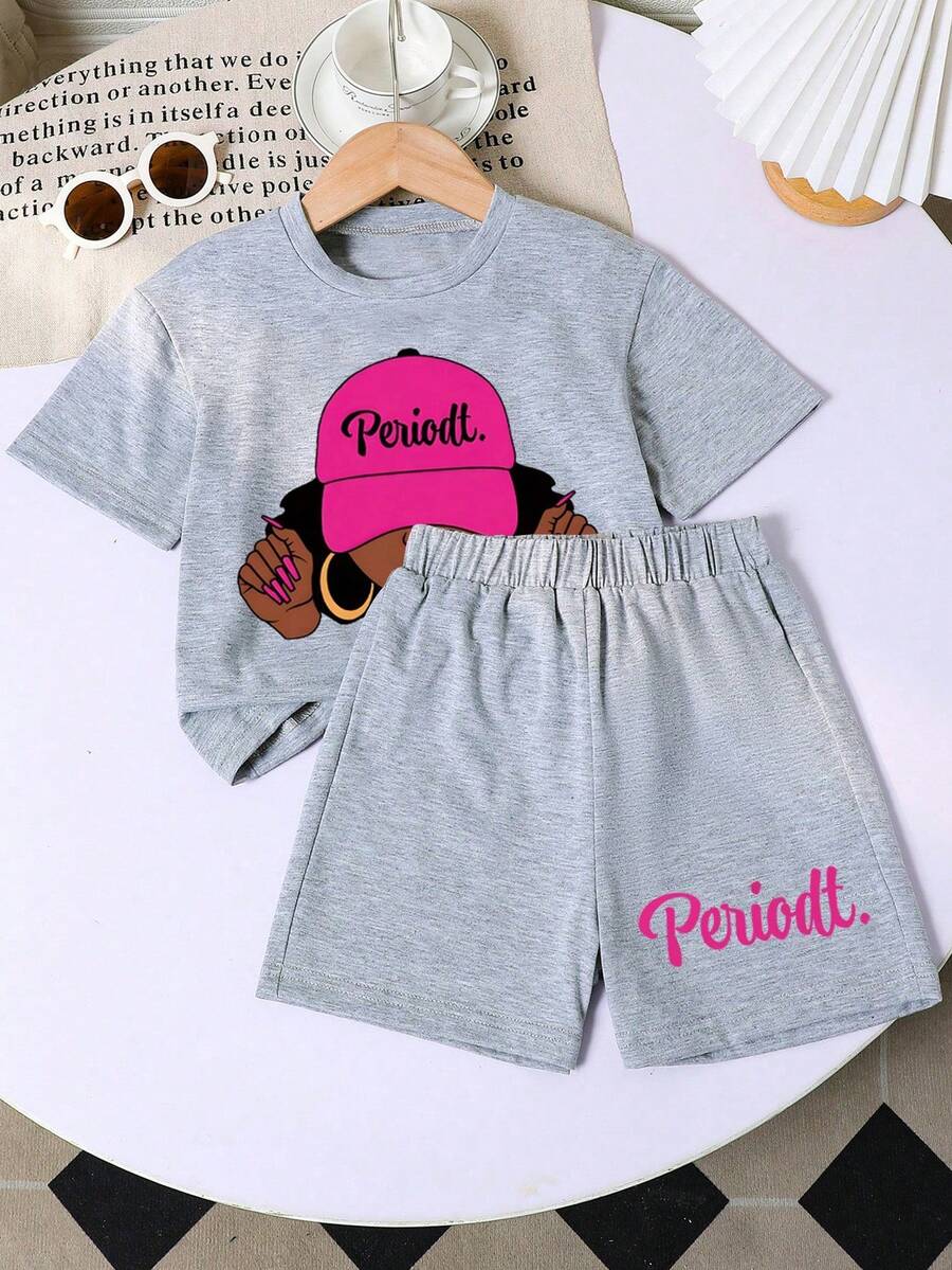 Tween Girls Cartoon Print Short Sleeve Top And Shorts Set - Grey - View 1