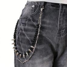 1 chiếc dây xích đinh tán hai lớp thời trang, dây xích kim loại đính hạt và gai nhọn đa năng, dây xích quần denim độc đáo, phù hợp cho sử dụng hàng ngày. - màu đen - Xem 3