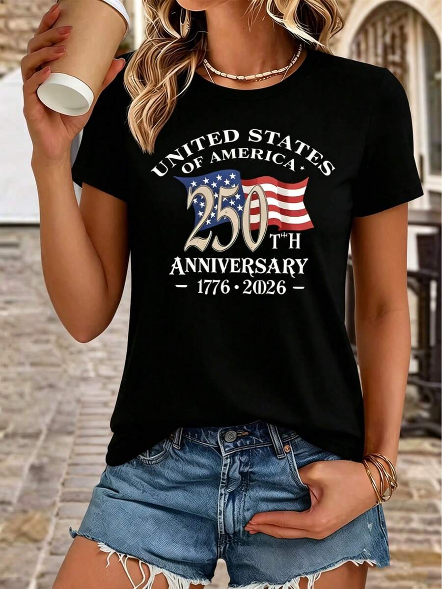1 Pcs 100% Cotton United States 250th Anniversary Graphic Tee, Women Summer Tops, Casual Crew Neck Short Sleeve T-Shirt - 黑色2 - 查看 1
