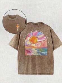 Tops230g Washed, A Beautiful Day Starts From The Morning Sun Printed T-Shirt, High-Quality Wax Printed Cotton Retro Fashion Brand T-Shirt, Beach Essen - 棕色 - 查看 1