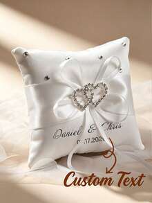 Customized Wedding Ring Pillow Personalized Name Date Cushion With Rhinestone Double Heart Design, Wedding Ceremony Decoration Ring Tray - Multicolor - View 2