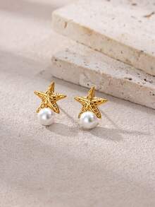 1 Pair Women's Elegant Starfish Faux Pearl Earrings, 18K Gold Stainless Steel Studs, Fashion Aesthetic Wedding Summer Beach Jewelry Gift - Yellow Gold - View 4