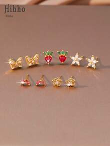 Hihho 10pcs/Set Cute Girl's Essential Multi-Element Combination Earring Set, Featuring Butterfly, Strawberry, Small Flower Designs, Delicate And Suitable For Daily, Dating, Gift-Giving (Comes With Elegant White 1-Week Gift Box) - Week Earrings - View 5