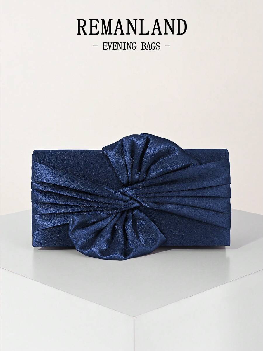 REMANLAND Tas Clutch Satin Wanita dengan Dekorasi Pita, Tas Tangan untuk Pesta Pernikahan, Hadiah Kreatif - Navy Blue - View 1