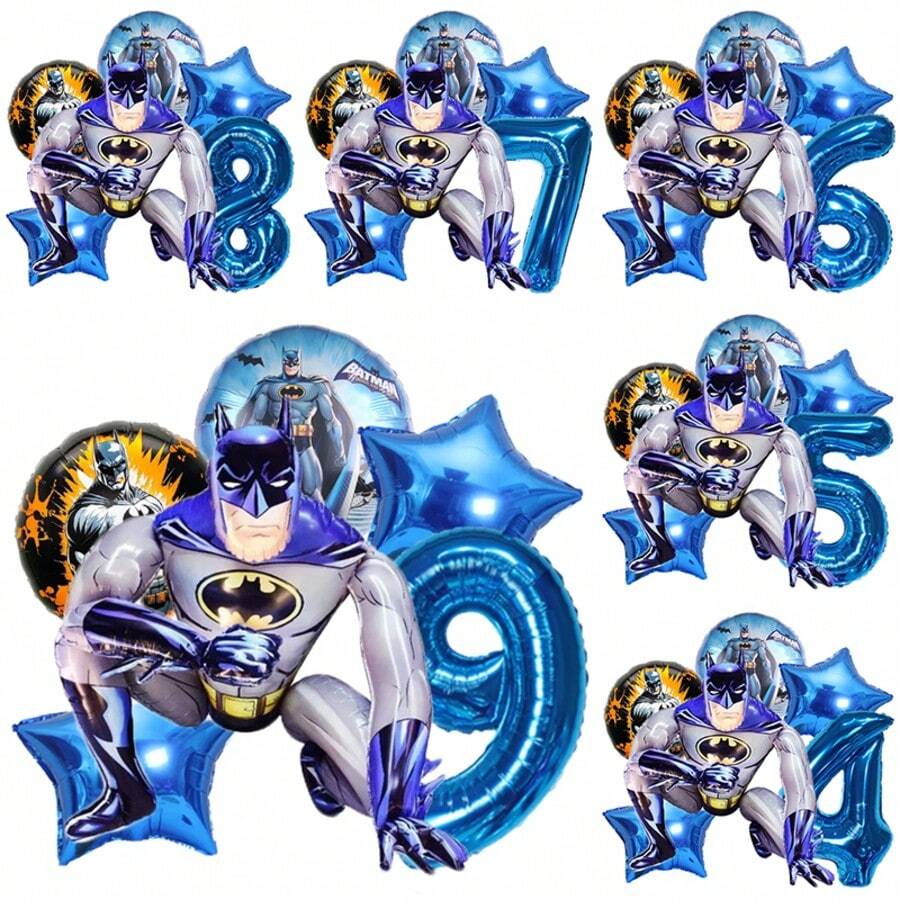 6件套官方授权卡通超级英雄蝙蝠侠蓝色主题生日派对气球装饰套装，卡通蓝黄铝箔气球，32英寸蓝色数字1-9铝箔气球，生日快乐气球，适用于生日成长仪式派对墙面装饰背景，气球装饰用品 - 查看 1